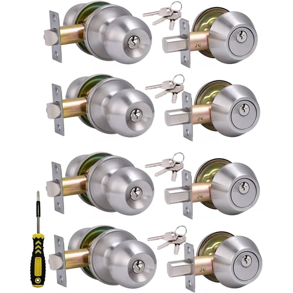 4 Sets Entry Door Knob and Single Cylinder Deadbolt Combo Set, Keyed ...