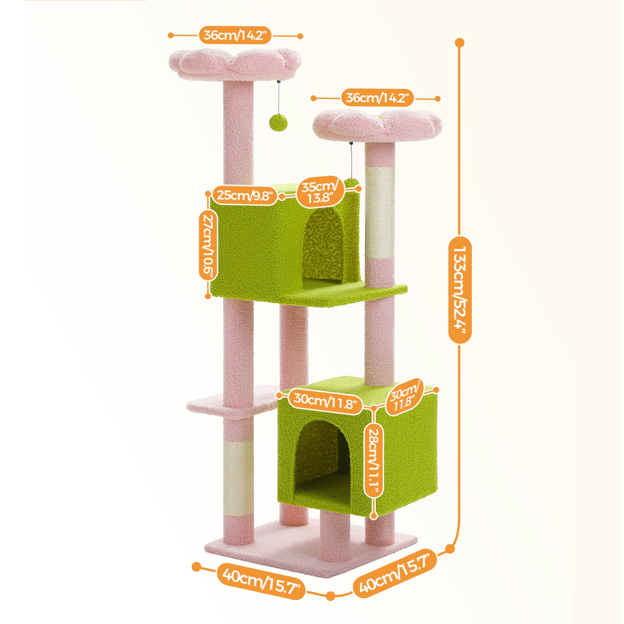 Kadyn 52" Multilevel Cat Tree Tower for Indoor Cats, Plush Flower Cat Tree House with 2 Padded Perches, 2 Condos and 2 Scratching Posts, Pink