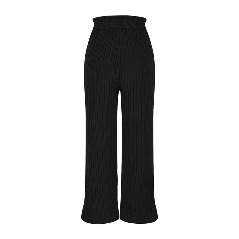 Ribbed Knit Wide Leg Pants for Women Trendy Comfy Ruffled High