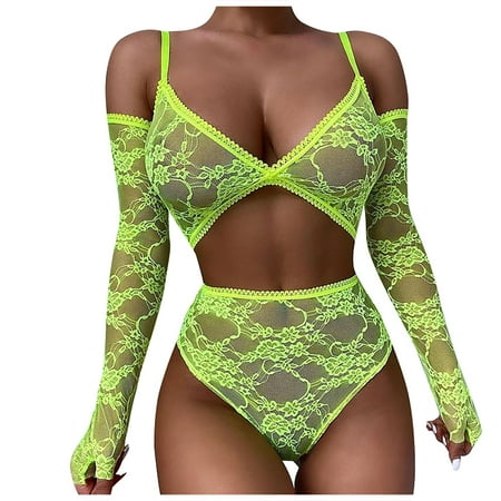

EHTMSAK Womens Sexy Teddy Lingerie with Glove Cold Shoulder Lace Lingerie Set High Waisted Babydoll Bra and Panty Sets Green XL