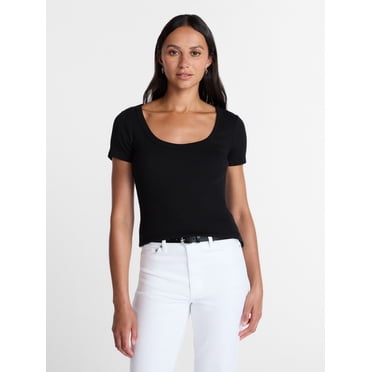 Time and Tru Women's Ribbed Scoop Neck Tee with Short Sleeves, Sizes XS-XXXL