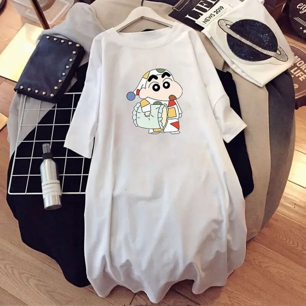 Camisón de Anime Crayon Shin-Chan de dibujos animados coreanos Y2K para chica dulce, vestido de pijama de cuello redondo de algodón holgado a la moda de manga corta para verano