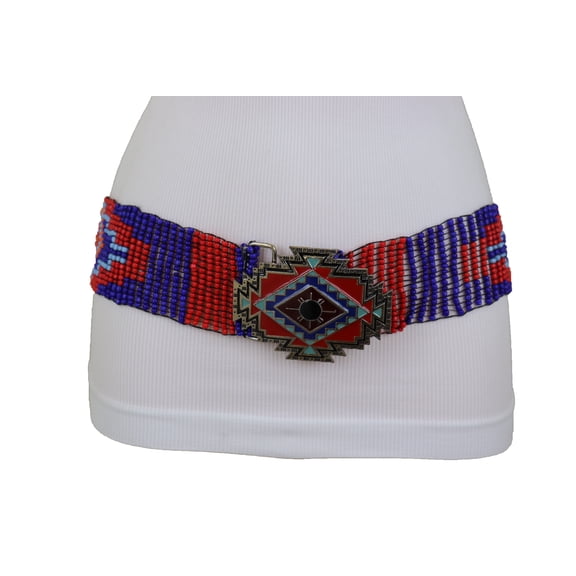 Women Red Blue Beads Elastic Native Belt Ethnic Metal Buckle M L XL