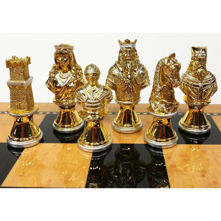 METAL Medieval Times Crusades Gold Silver Busts Chess Set Walnut Color  Storage