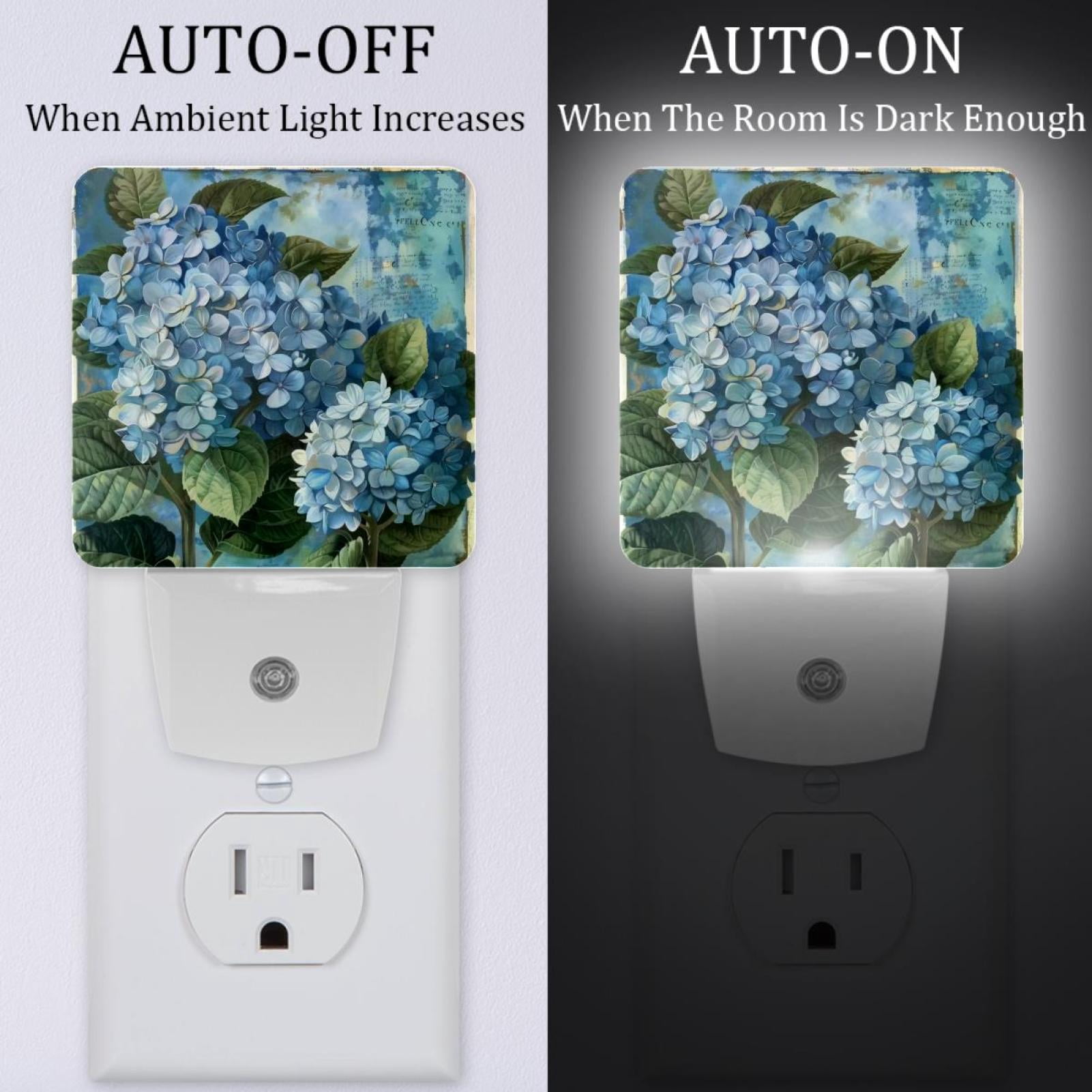 PhooArto Vintage Blue Hydrangeas Flowers Plug in LED Night Light Auto Sensor Dusk to Dawn Decorative Night for Bedroom, Bathroom, Kitchen, Hallway, Stairs, Baby's Room, Energy Saving