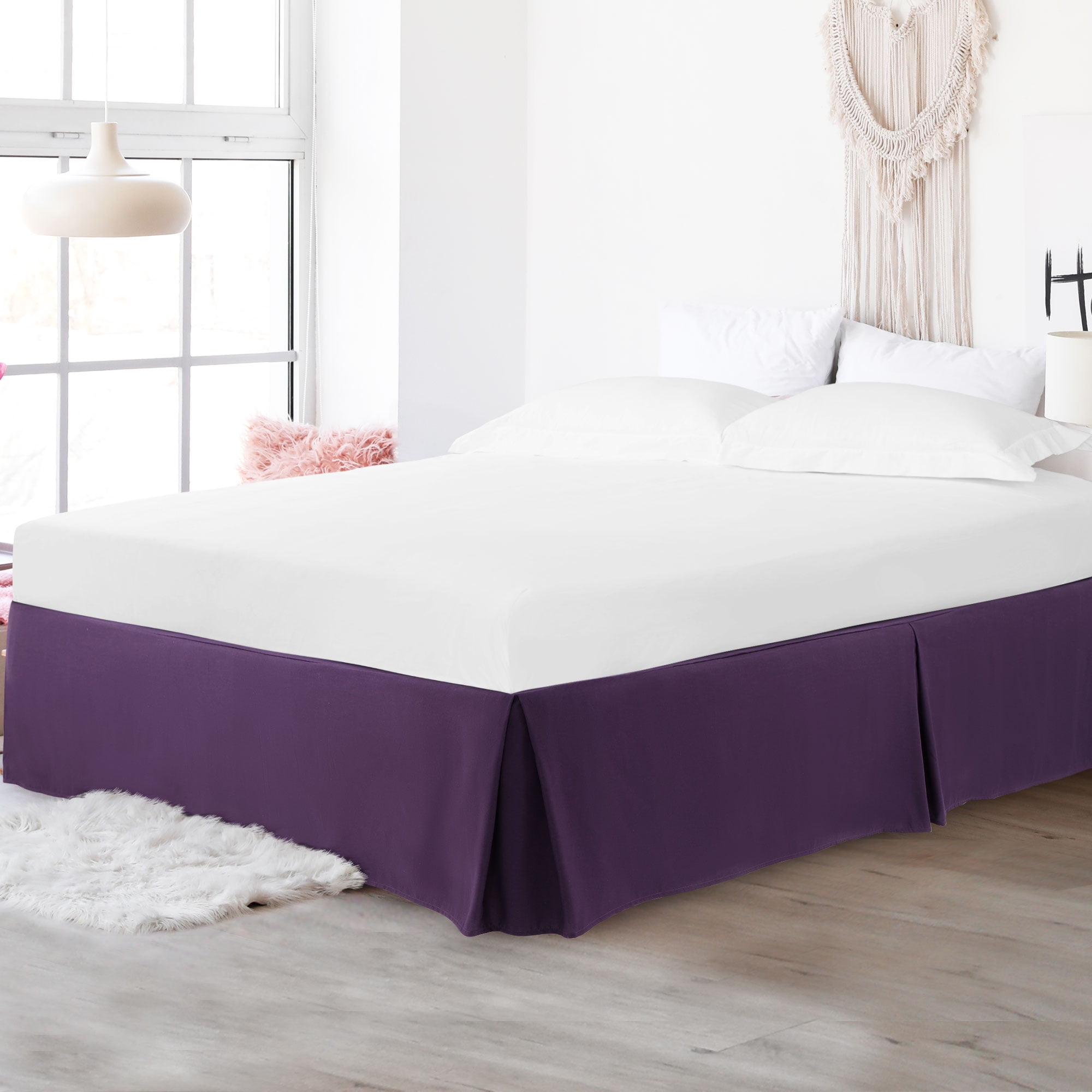 PiccoCasa Microfiber Bed Skirt 16" Drop Pleated Tailored Styling Ruffled, Queen Dark Purple