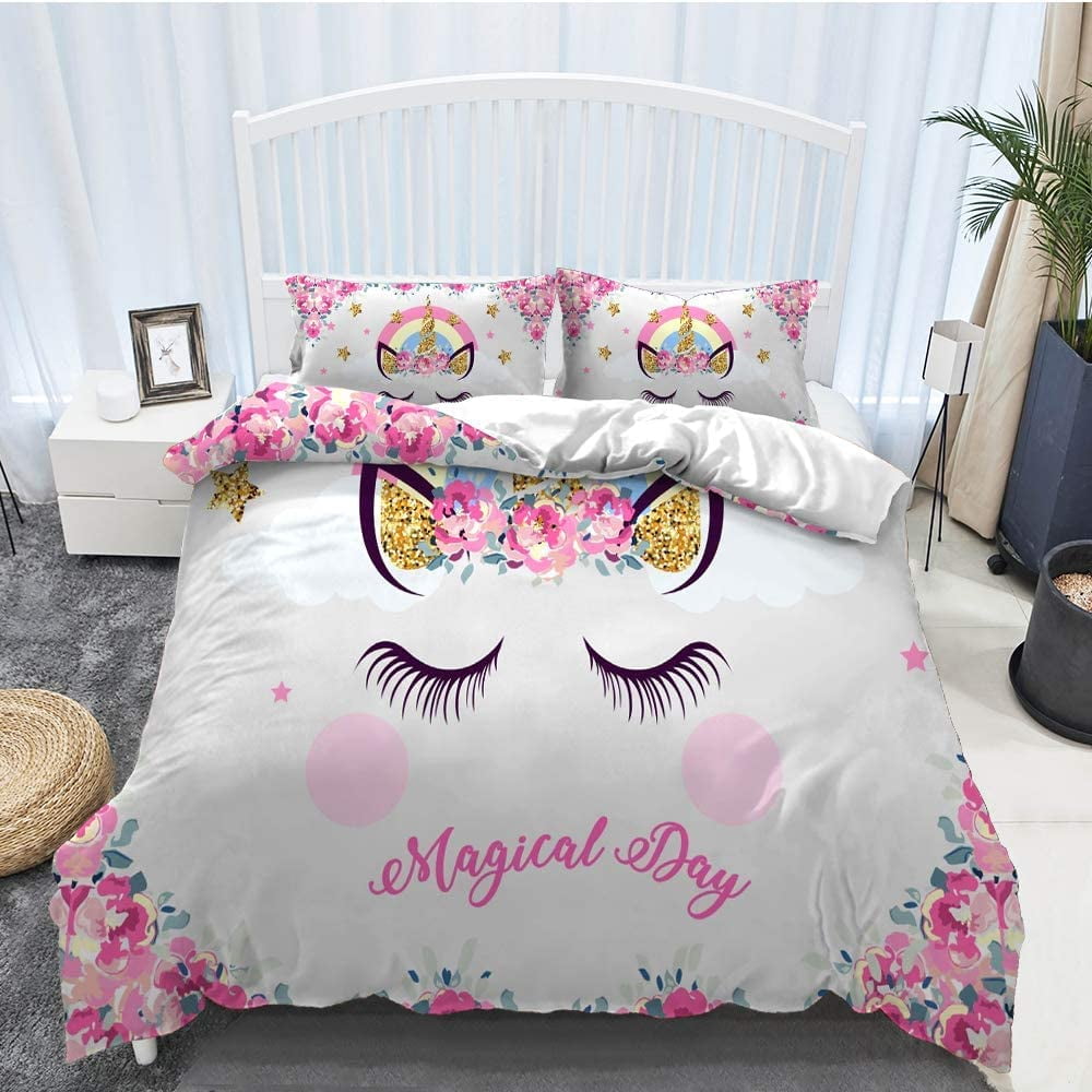 ZHH Twin Size Duvet Cover Set Cartoon Microfiber Unicorn Pattern Bedding Sets Quilt Cover for