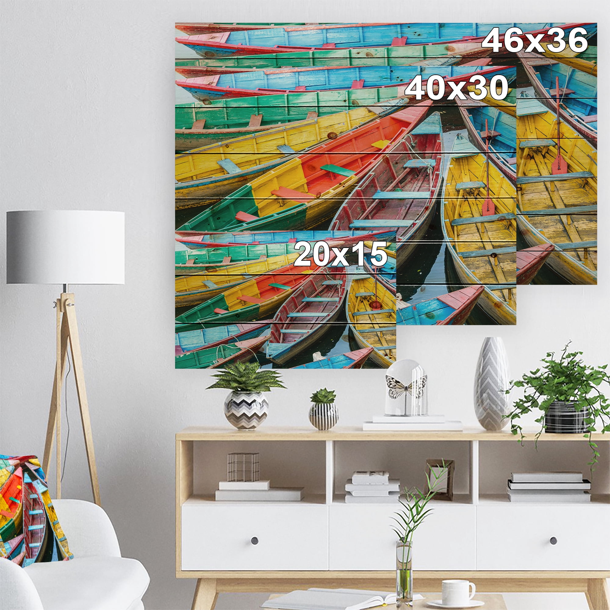 Designart 'Rowing Boats on the Lake in Pokhara' Boat Print on Natural Pine Wood