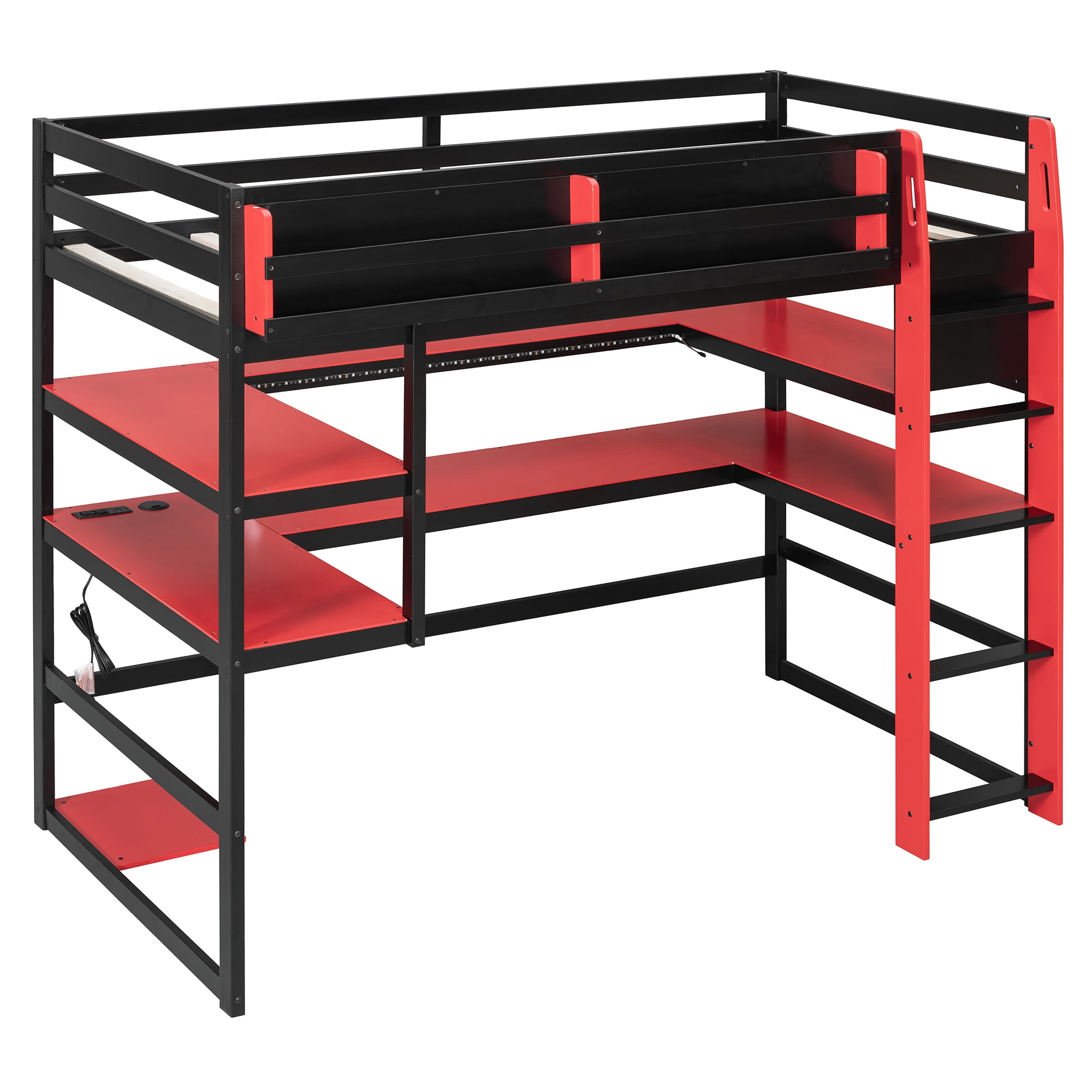 Mintazer Twin Size Gaming Loft Bed with U-Shaped Desk & LED Lights, Modern Bed Frame with Shelves & Charging Station for Dorm Bedroom Apartment, Black & Red