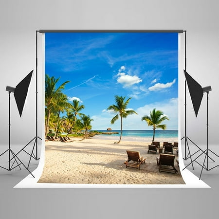 Image of GreenDecor 5x7ft Ocean Beach Holiday Souvenir Photograph Taken Green Tree Backdrop Sunny Sky Whtie Cloud