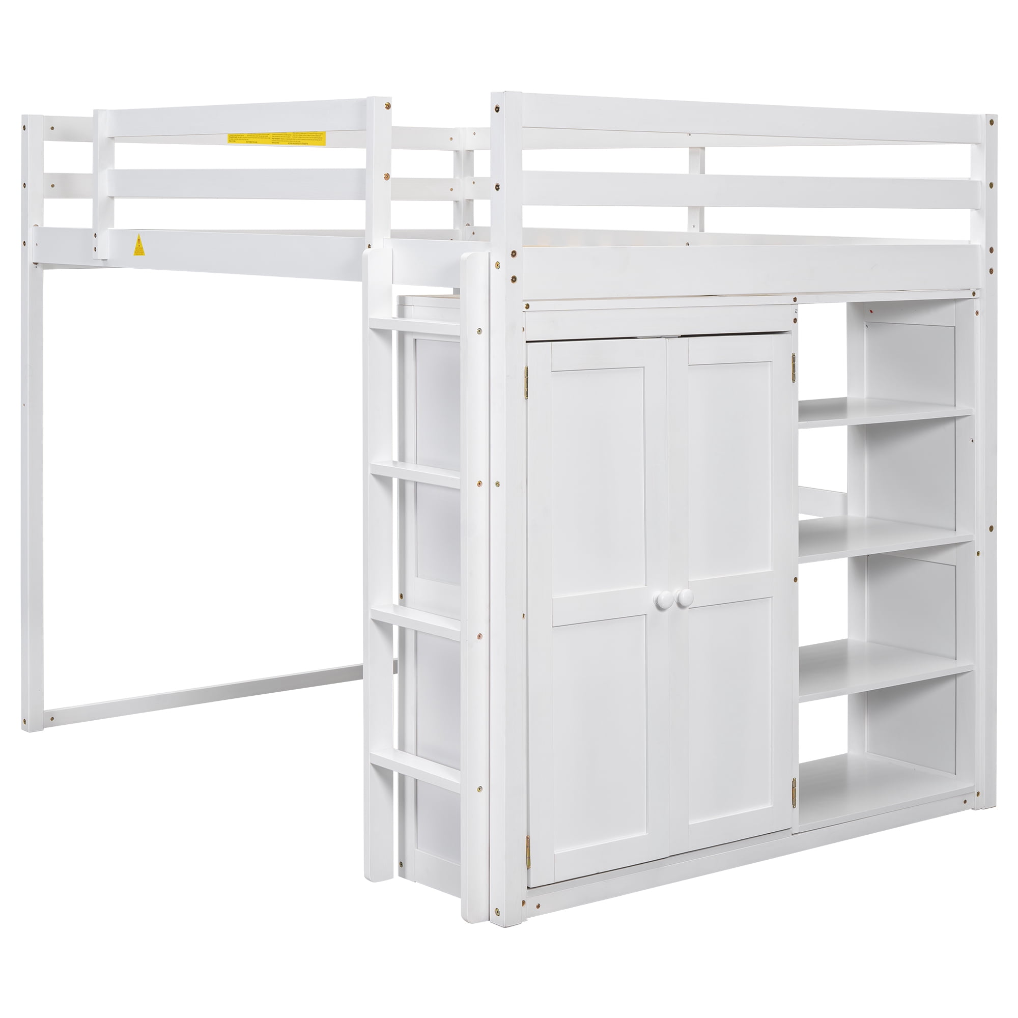 Euroco Wood Full Size Loft Bed with LED Light, Bookcase and Wardrobe, Storage Shelf for Kids Teens, White