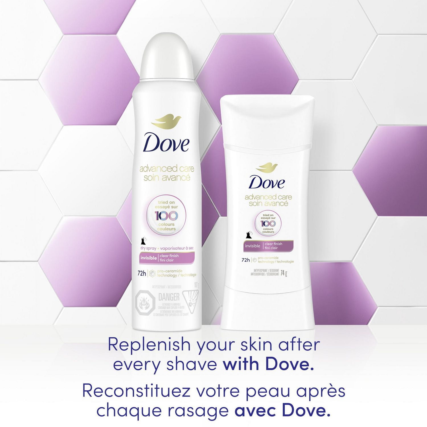Antisudorifique désodorisant pour femme Dove Soin Avancé Invisible Parfum Fini Clair avec technologie pro-céramides pour une peau douce et résistante 74g