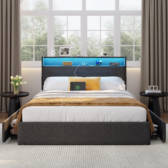 Satifur Queen Bed Frame with Charging Station & Storage Drawers, Queen Upholstered Rivet Storage Headboard Platform Beds, Noise-Free, Dark Grey