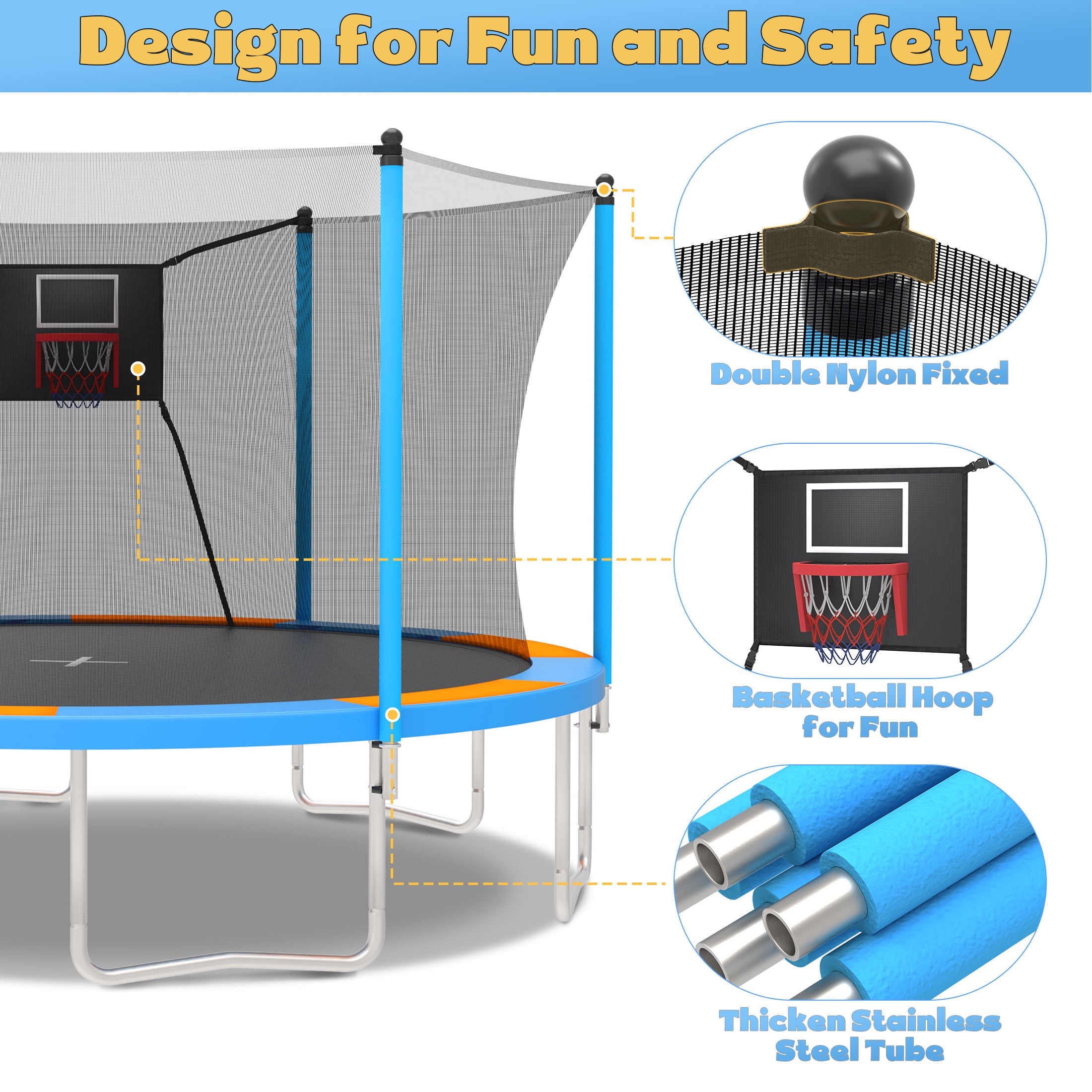 14FT Trampoline for Adults Kids, SEGMART Upgraded Kids Outdoor Trampoline with Basketball Hoop, Safety Enclosure Net, Heavy Duty Recreational Round Trampoline for Indoor Outdoor Backyard, Blue