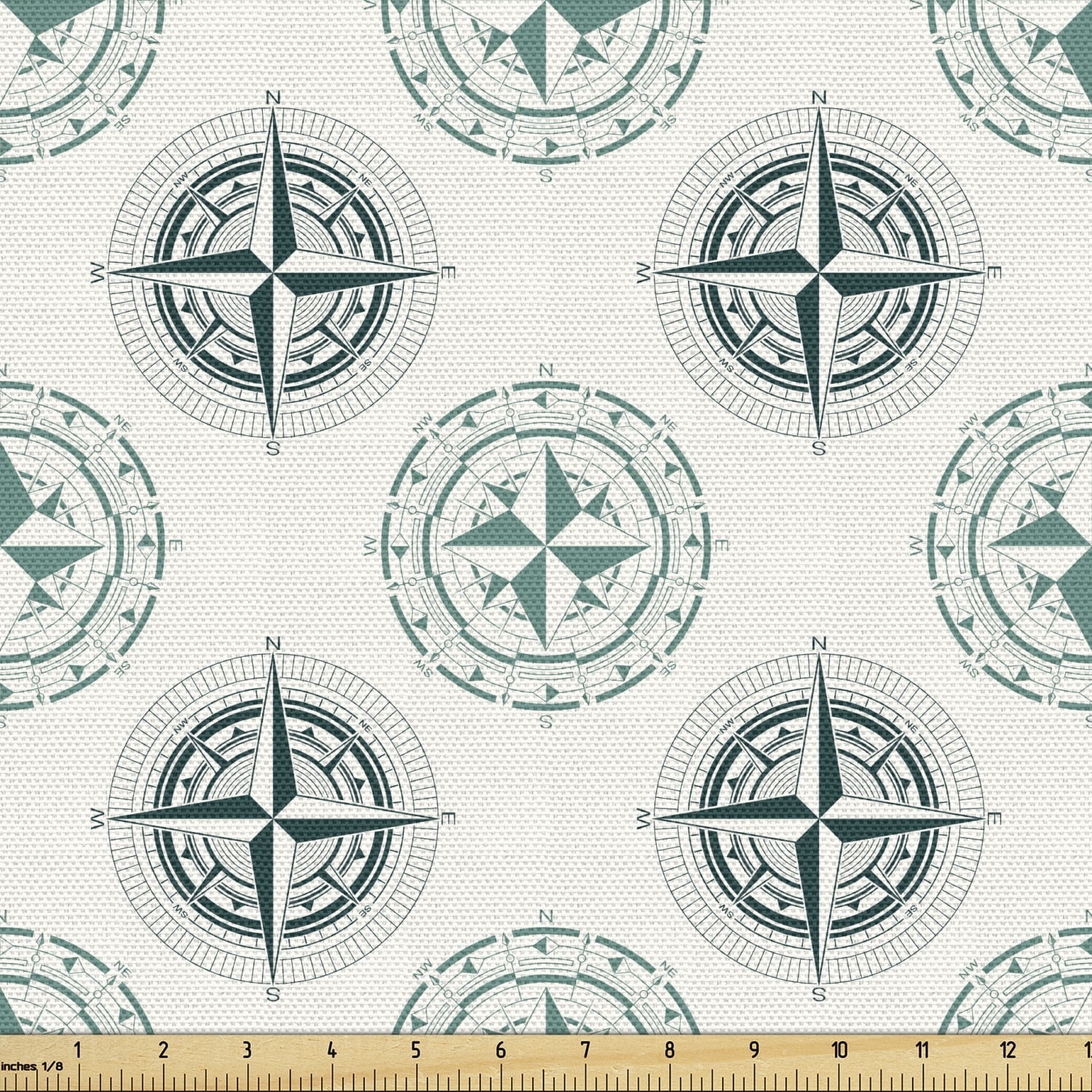 Nautical Sofa Upholstery Fabric by the Yard, Windrose Circles Ship