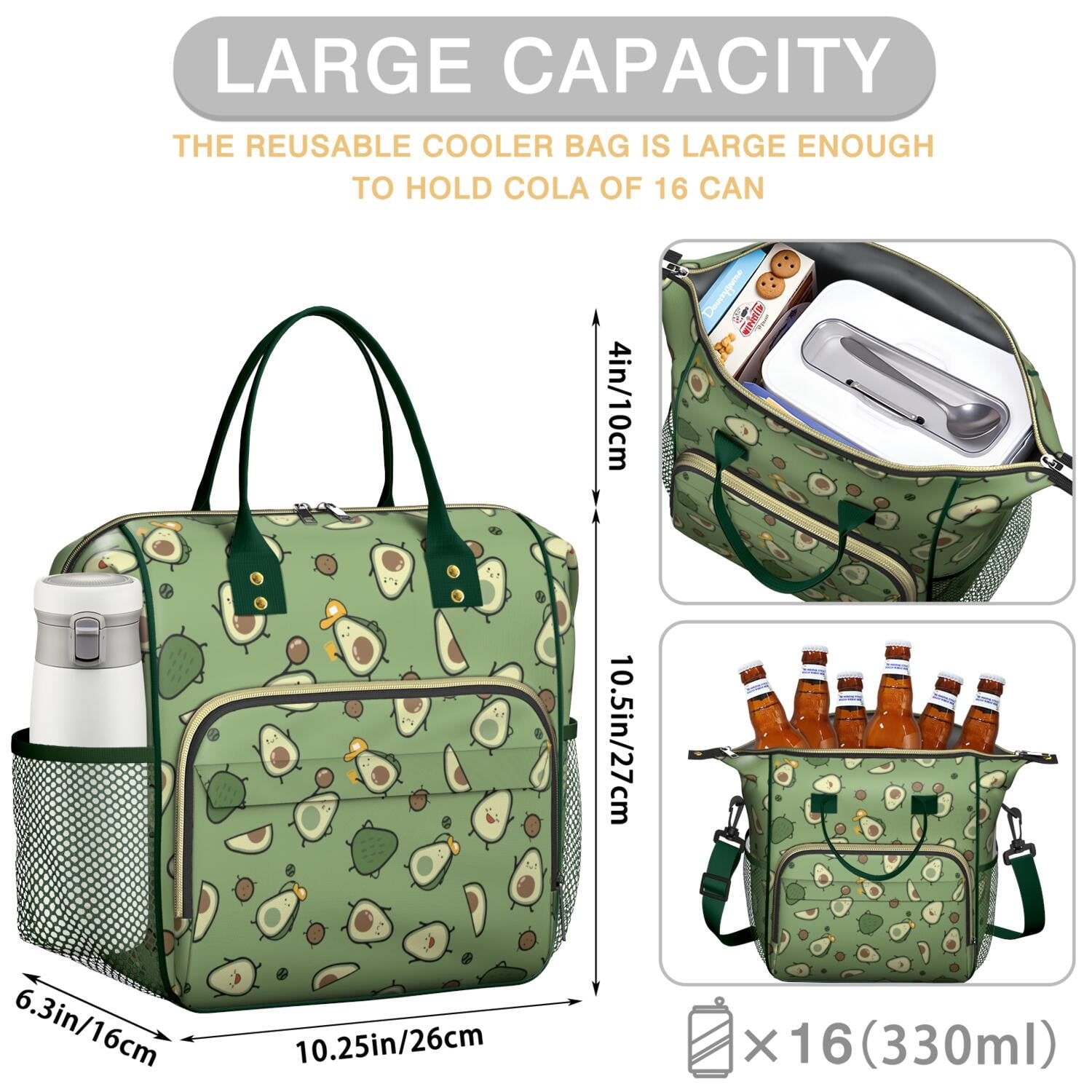 Cute Avocado Print Insulated Lunch Bag - Spacious Thermal Tote with Reinforced Handles, Leakproof Picnic & Travel Cooler for Healthy Food Lovers, Modern Fruit Illustration