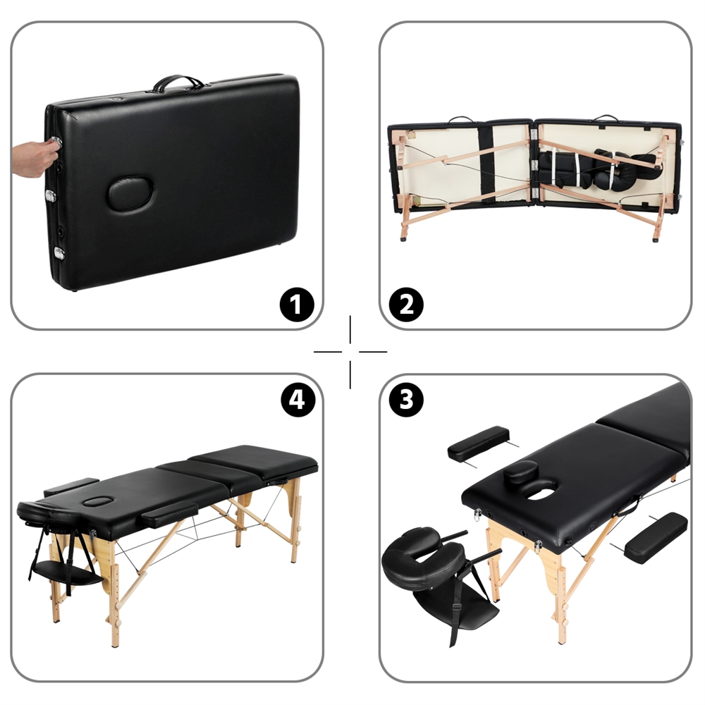 Renwick 3 Sections Adjustable Massage Bed Folding Massage Couch Portable Black