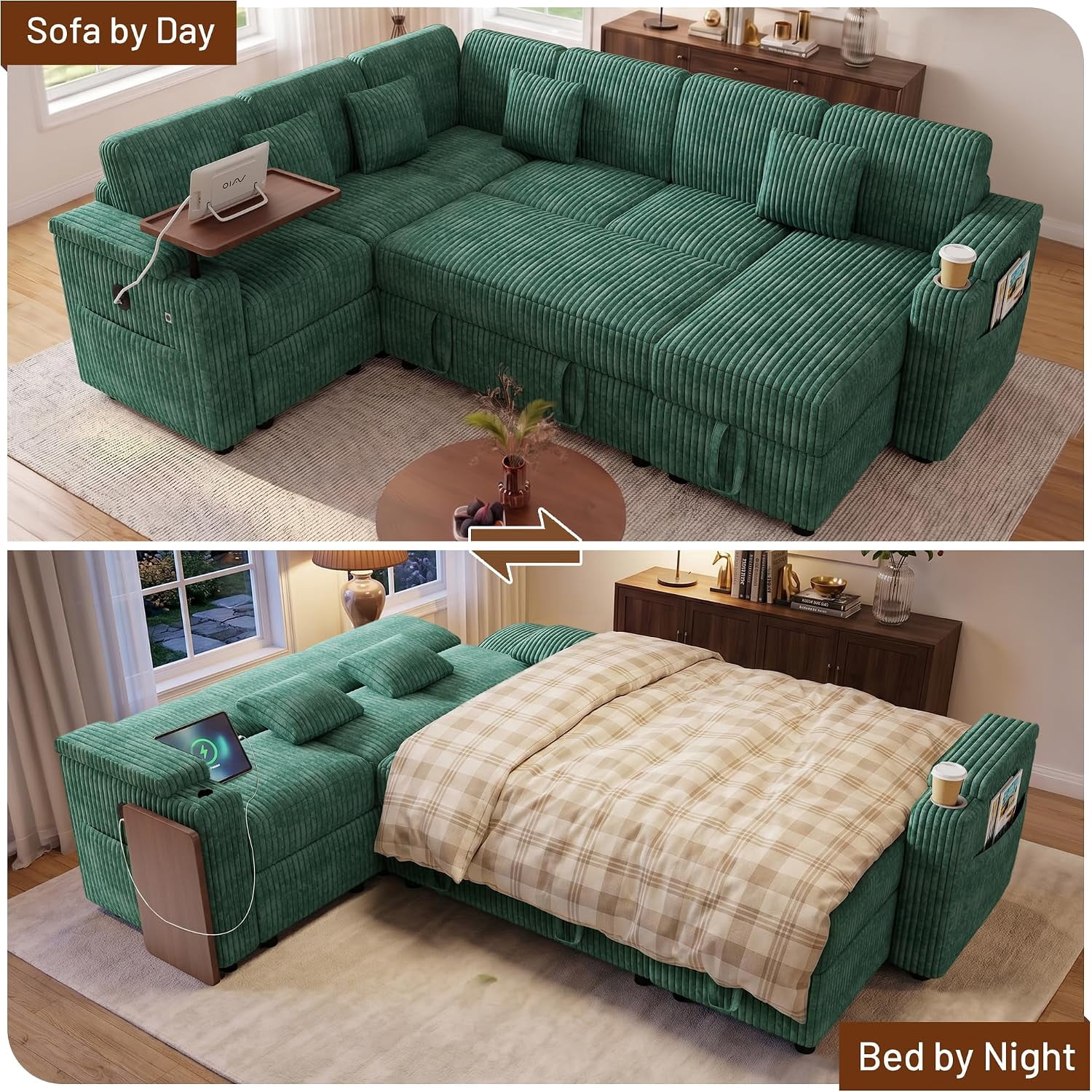 100 Inch U Shaped Pull Out Sofa Bed, Soft Corduroy Sleeper Sofa with USB Ports, Cup Holder, Table Board and Storage
