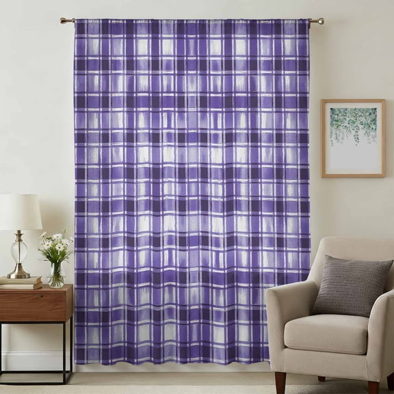 Purple Plaid Sheer Curtains 108 Inches Extra Long, Modern Art Checkered Farmhouse Light Filering Curtains, Privacy Drapes Simi Floor to Veiling Curtain for Living Room Bedroom Large Window Treatment