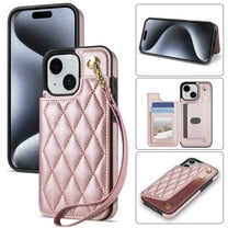 Wallet Cover for iPhone 13, with Wrist Strap Card Holder Magnetic Snap Back PU Leather Credit Card Slots Stand Classic Phone Case Cover for iPhone 13, Rosegold