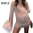 thumbnail image 2 of Sheer Glamour for Parties & Clubs - Long Sleeve Mini Sparkling Pink Feather Mesh Dress, 2 of 6