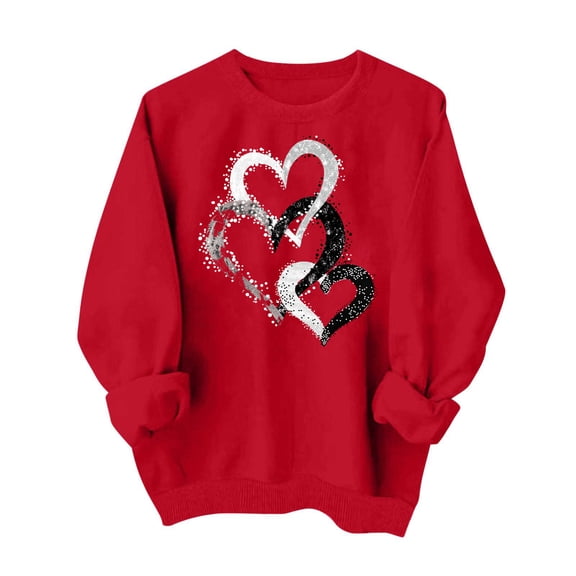 SOOMLON Valentine's Day Sweatshirts for Women Girl Friend Valentines Gift Loose Long Sleeve Crewneck Hoodies Tops Cute Love Heart Print Pullovers Shirts Trendy Festival Outfits 2025 Red XL