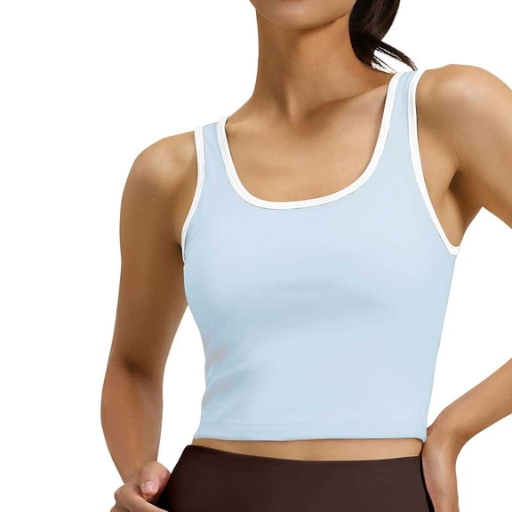 Sevevn Women's Contrast Trim Square Neck Crop Tank Top High Stretch Sleeveless Workout Cami Slim Fit Athletic Yoga Top