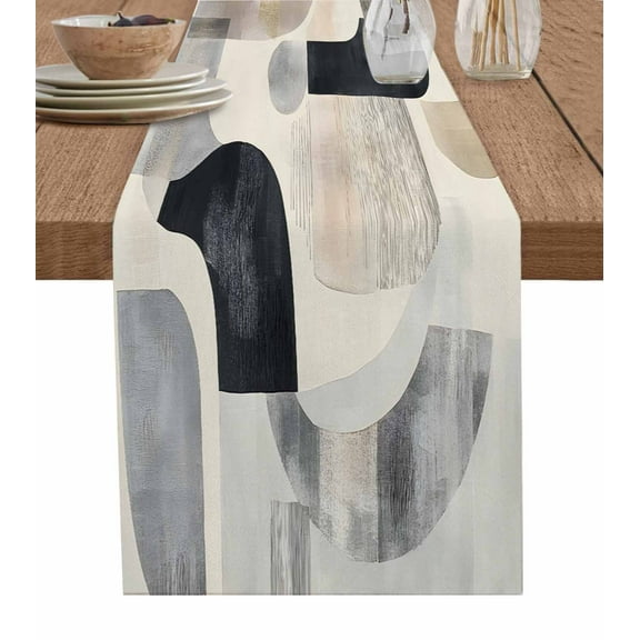 Modern Grey Beige Table Runner Cotton Linen 108 Inch Holiday Dresser Scarves, Abstract Geometric Textured Tablerunner for Kitchen Coffee Dining Bedroom Home Living Room Dinner Scarf Décor 13''x108''