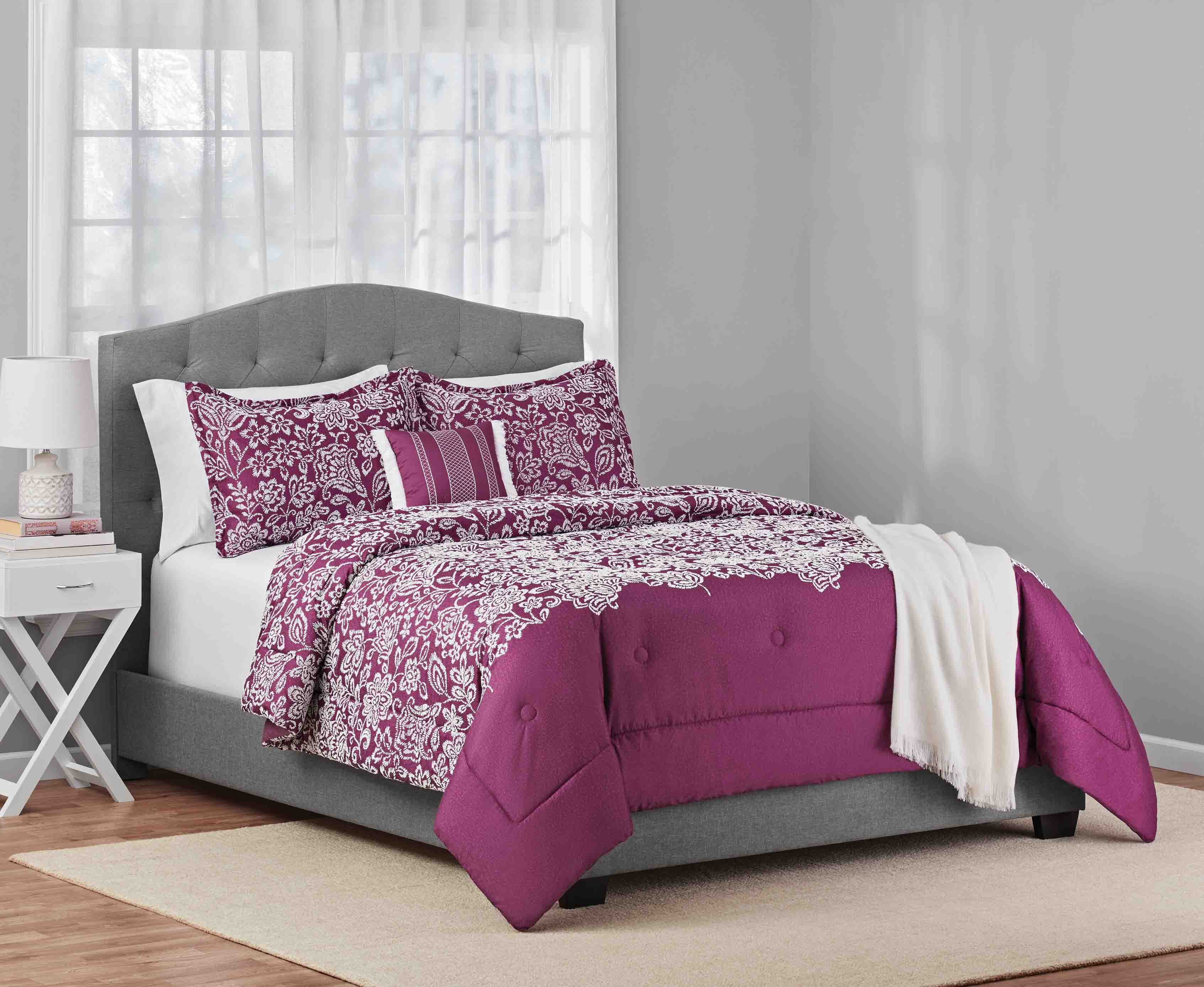 Mainstays 5-Piece Purple Floral Comforter Set, Full/Queen