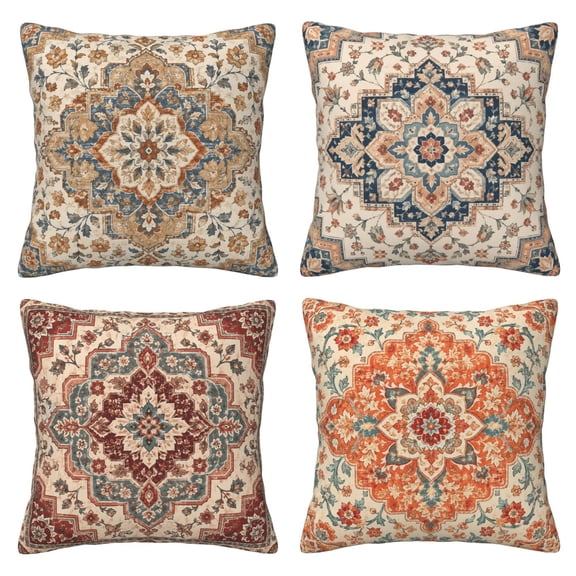 4 Pack Throw Pillow Covers 18x18 Inch, Rust Terracotta Vintage Rug Decorative Pillow Cases, Faux Linen Square Cushion Covers for Couch Sofa, Living Room Bedroom Boho Southwestern Decor