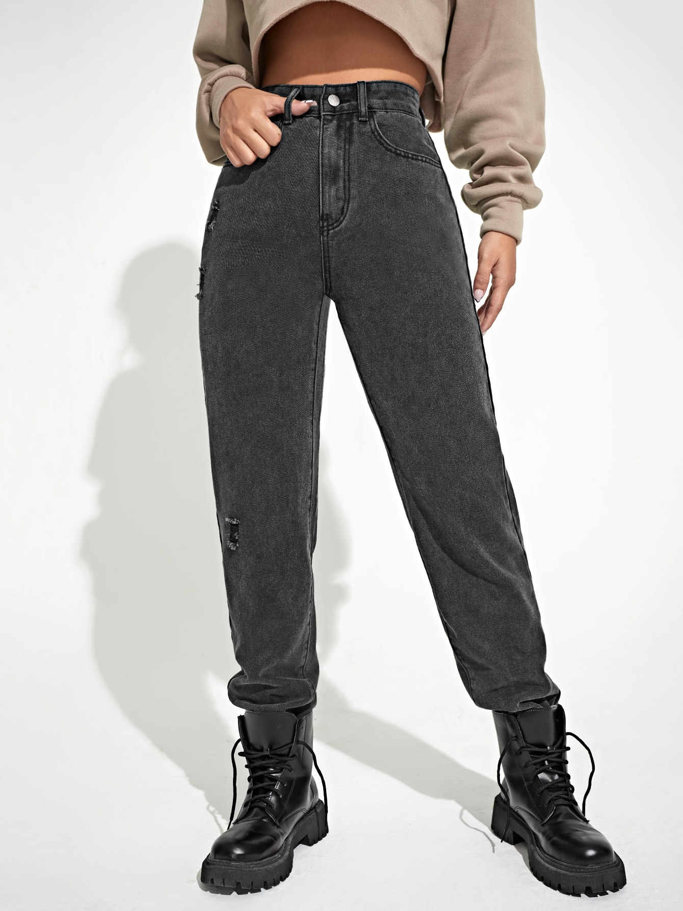 Dark Grey Women's High Waist Straight Leg Jeans 2022 S(4) L050D