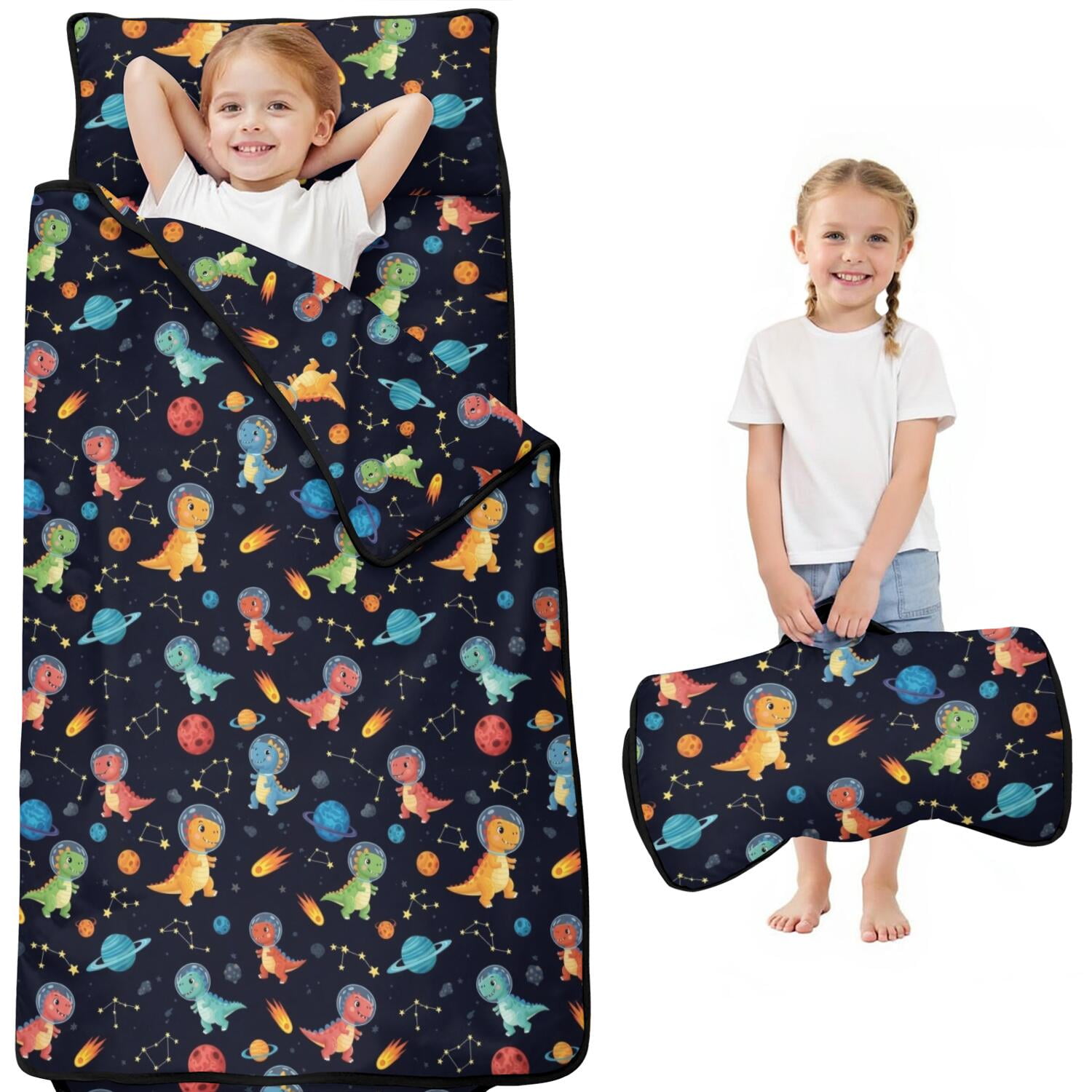 Dinosaur and Planet Black Pattern Kids Nap Mat Sleeping Mat with Removable Pillow with Handle & Fastening Straps Portable with Handle Gifts for Birthday Holiday 50 x20