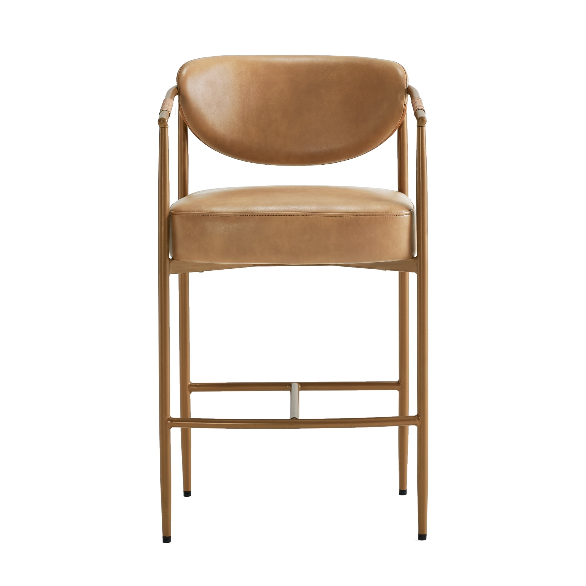 Spruce & Spring Modern Counter Bar Stool with Woven Strap Arms & Gold Metal Frame Set of 2, Brown with Gold Frame