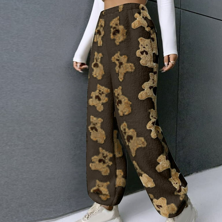 RYRJJ Women's Winter Warm Fleece Pajama Pants Plus Size Cute Bear Print  Baggy Sweatpants Fuzzy Jogger Lounge Pants Sleepwear with Pockets Brown XL