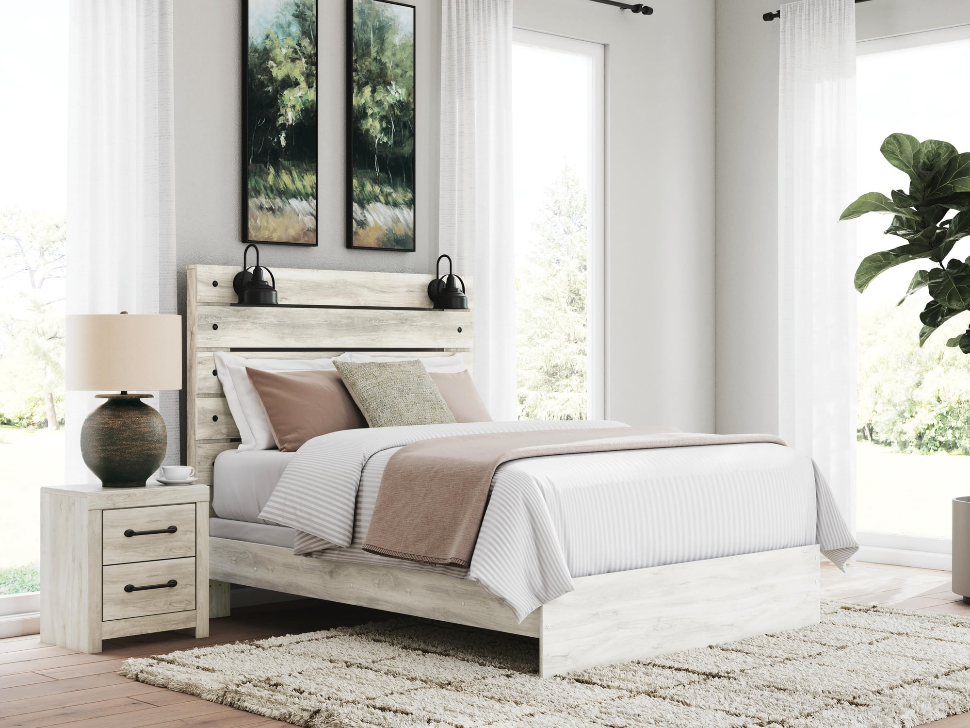 Signature Design by Ashley Cambeck Queen Panel Headboard, Whitewash, Farmhouse Headboard with LED Sconce Lights and USB Charging