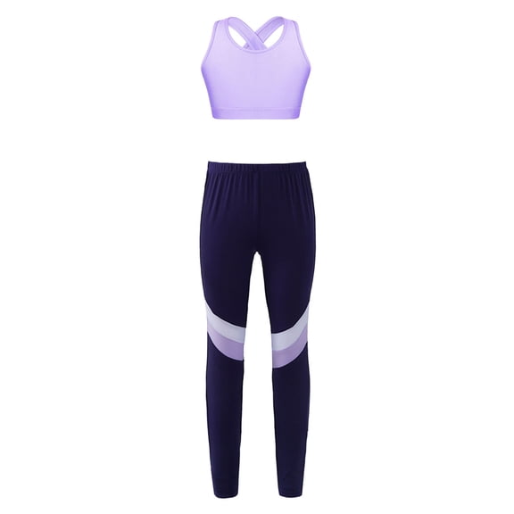 Alvivi Kids Girls Gymnastic Yoga Workout Outfit Sport Dance Sleeveless Crop Tank Top with Pant Set Lavender 8
