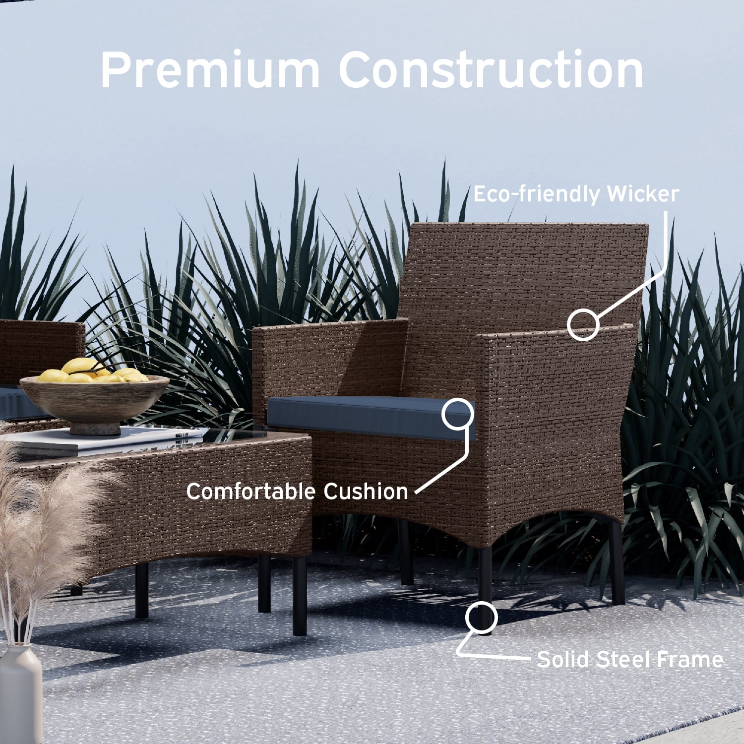 Nestl 4-Piece Outdoor Patio Furniture Set, Wicker Patio Conversation Set, Brown/Navy