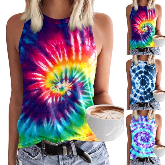 Women Tie Dye O-Neck Tank Top, Loose Fit Sleeveless Casual Shirt, Summer Lightweight Everyday Top