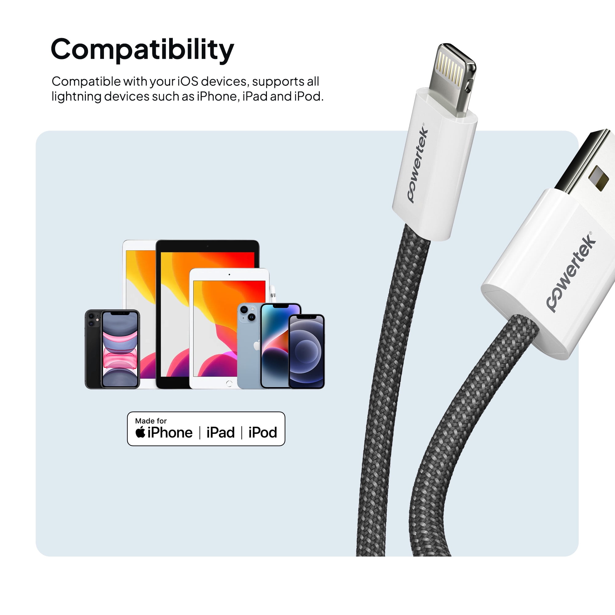 Liquipel Powertek Pastel Braided USB-A to Lightning - Grey