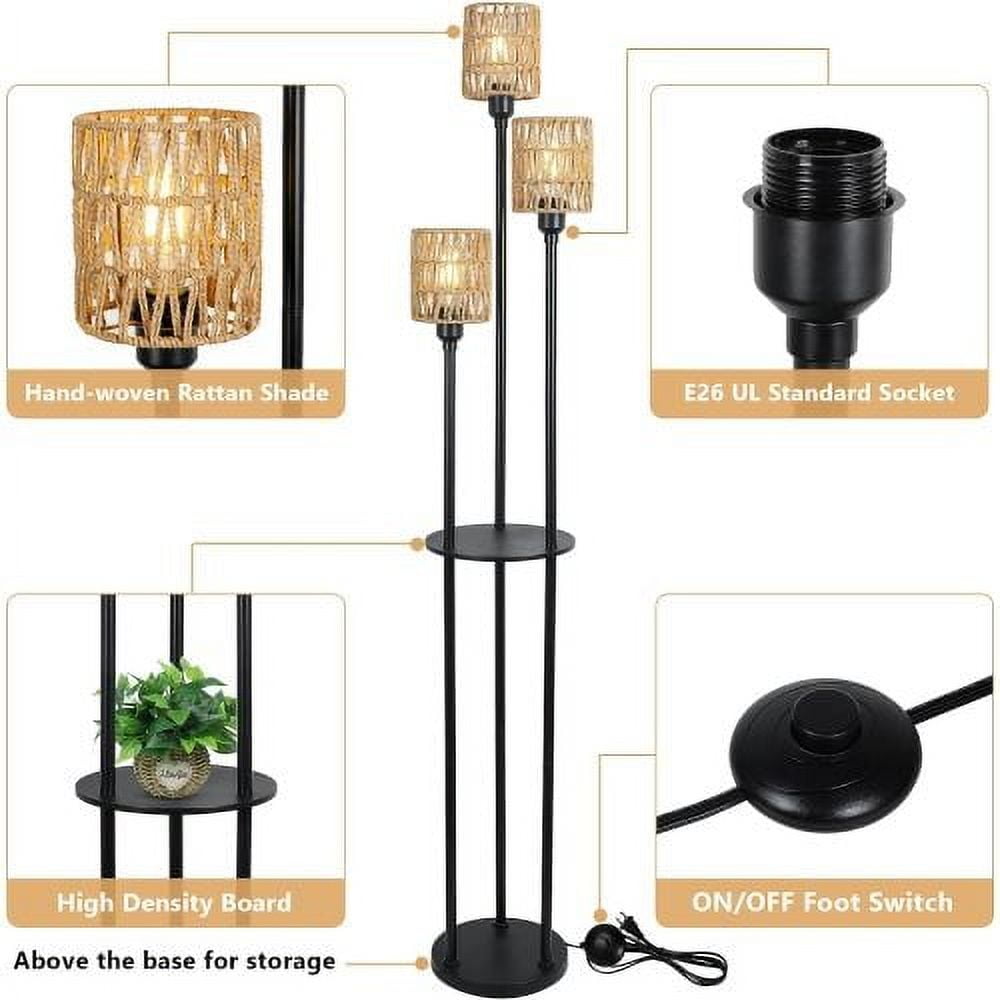Hi-LIGHTS,3-Lights Boho Floor Lamp with Shelves & ON/OFF Foot Switch,Farmhouse Tall Floor Lamp,Rustic Standing Lamp with Rattan Shades for Living Room,Bedroom,Office(Black+Brown)