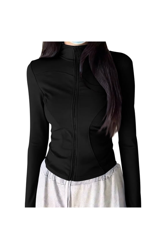 Womens Athletic Workout Jacket Lightweight Slim Fit Full Zip Running Yoga Sports Cropped Jacket with Thumb Holes