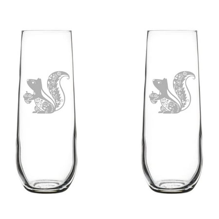

Set of 2 Glass Champagne Flutes Sparkling Wine Glasses Fancy Squirrel (8.5 oz Stemless)