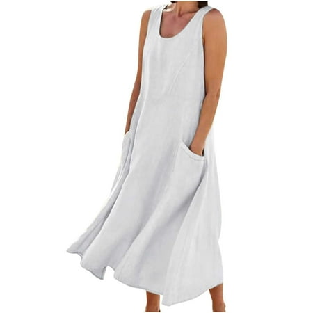 

asdoklhq Maternity Dress Women s Summer Fashion Casual Solid Color Sleeveless Cotton Linen Long Dress