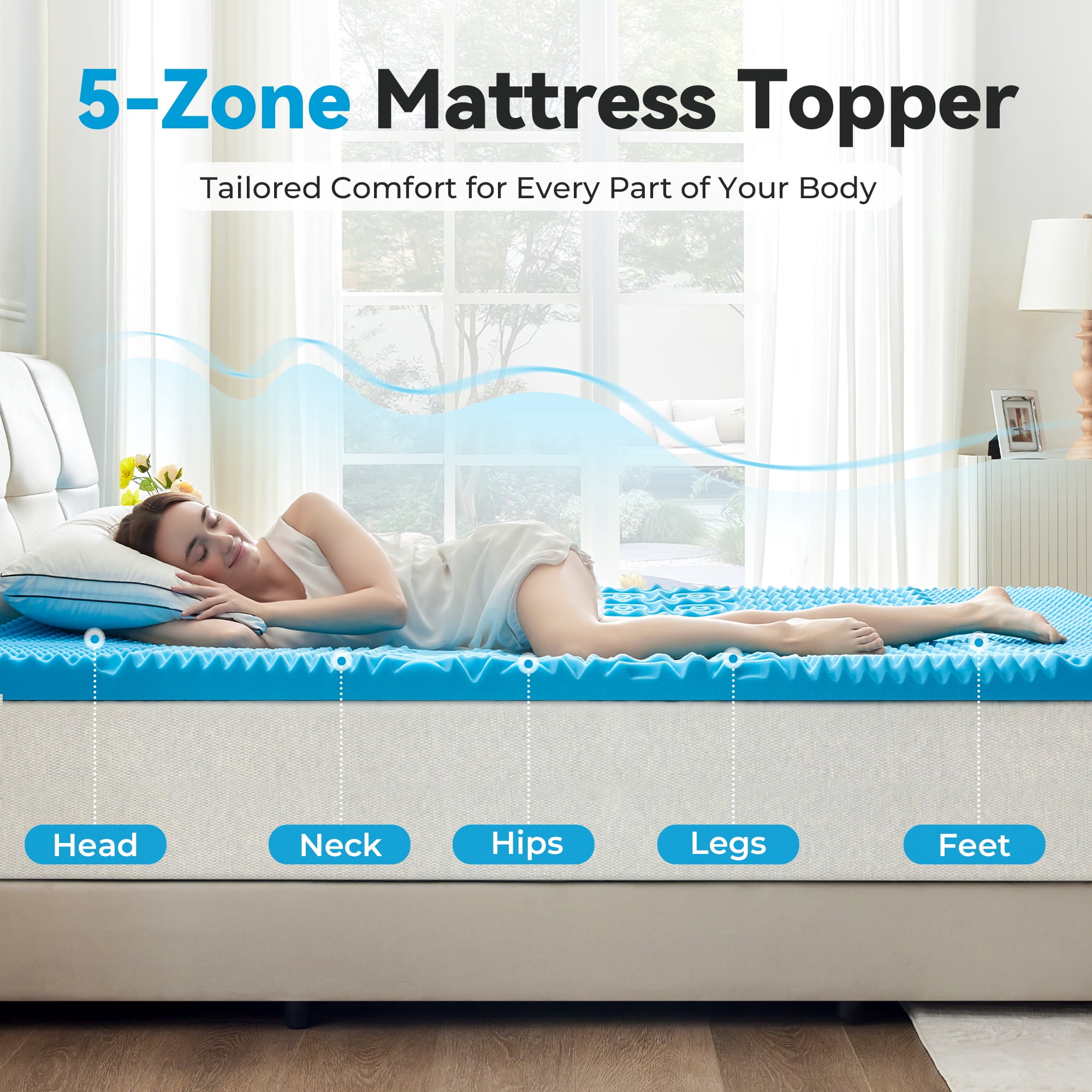 BDEUS 2 inch Mattress Topper, Cooling Gel Memory Foam Zoned Support Bed Topper for Pressure Relief, Twin