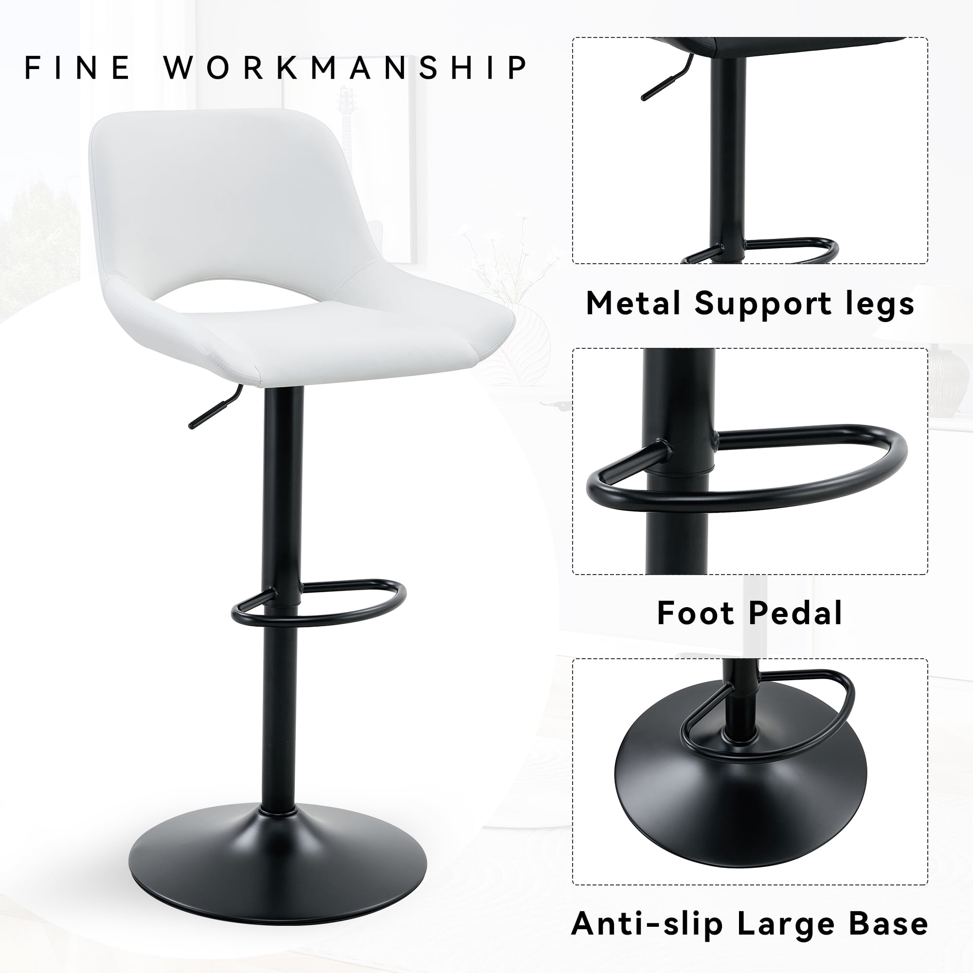 Mintazer Modern Bar Stools Set of 2, 360° Swivel PU Leather Bar Chairs with Circular Footrest & Adjustable Height, Counter Height Stools for Kitchen Island & Home Bar, White