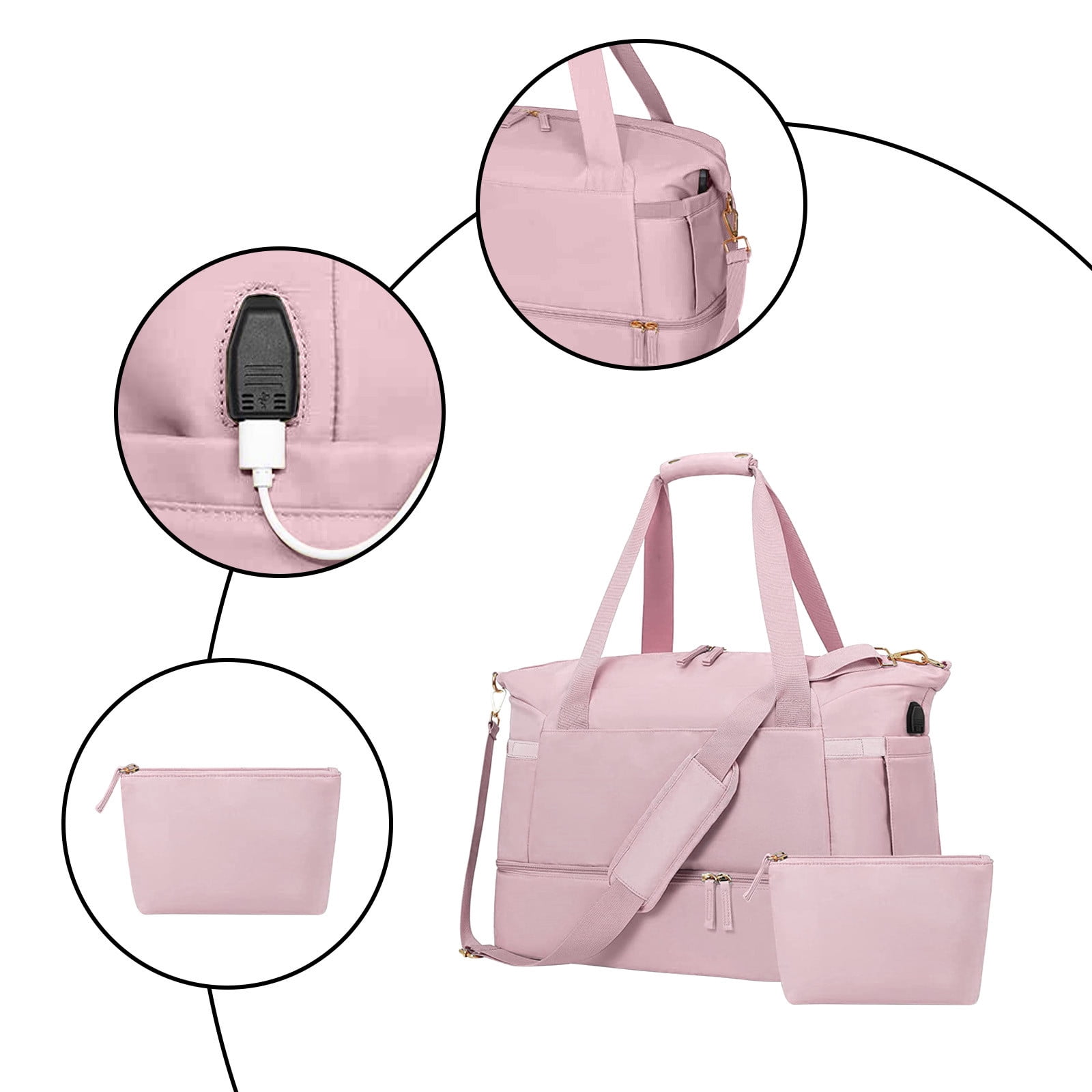 LACKUST Women's Travel Duffel, Weekender Overnight, Gym Tote, Shoe & Wet Pocket, Carry On, USB Charging,Pink