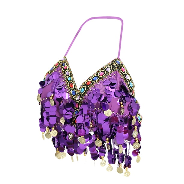Sujetador con Cuentas para danza del vientre Sunnimix Top con borlas y lentejuelas Color morado Tamaño libre