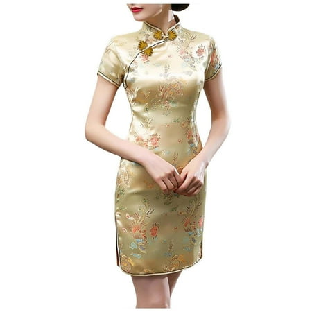 DVKOVI Dresses Prom Corset Prom Dress Chinese Cheongsam Women s Short Sleeve Turtle Neck Bodycon Mini Tank Short Party Dress Gold M