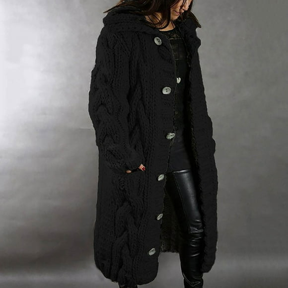 cllios Women Hood Cardigan Large Size Sweater Pocket Single Breasted Long Sleeves Coat