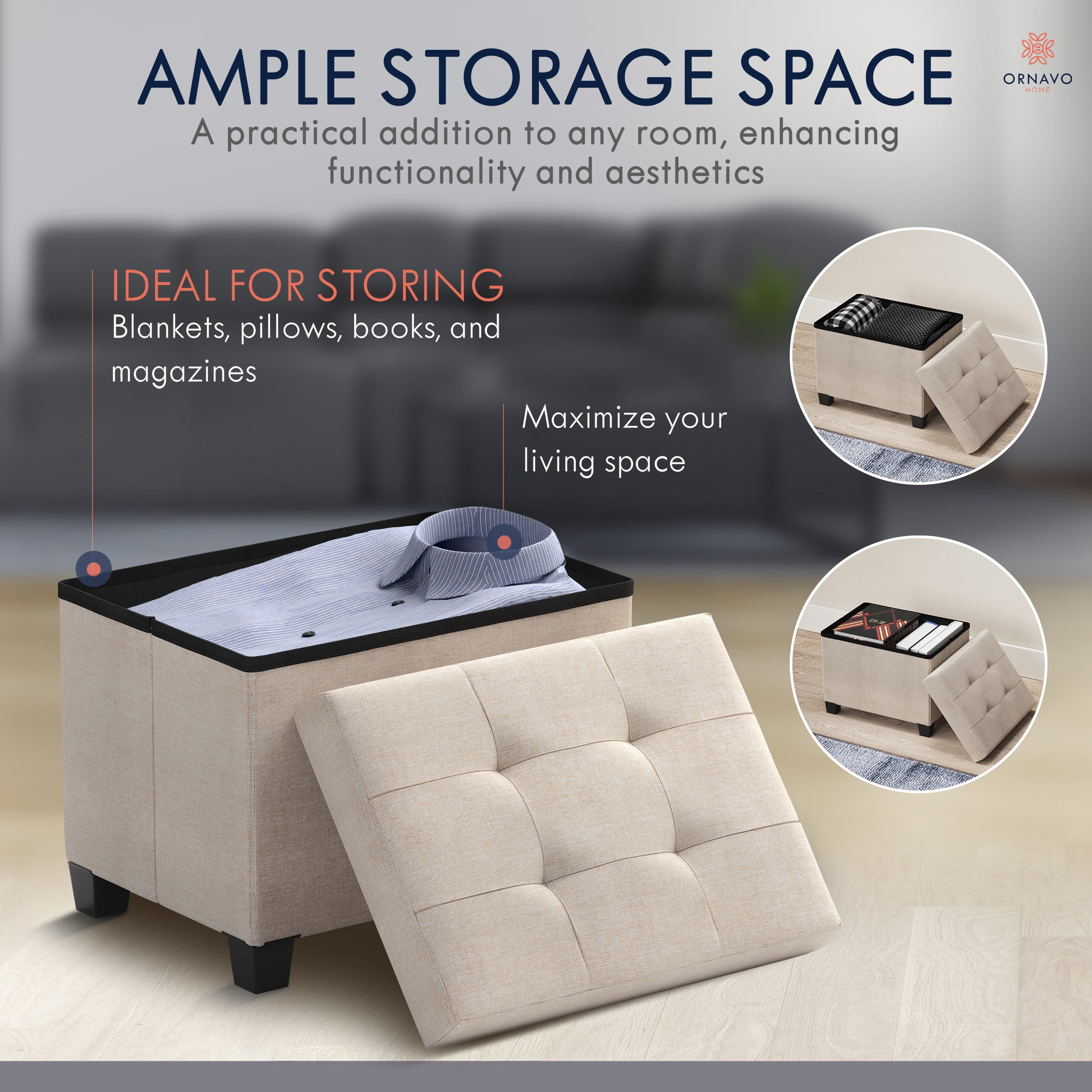 Ornavo Home Storage Ottoman Small Rectangle Ottoman with Legs, Foot Rest Stool Seat, Load up to 600 LB, for Living Room, Bedroom, Home Office, Dorm - 12 x 16 x 12, Beige